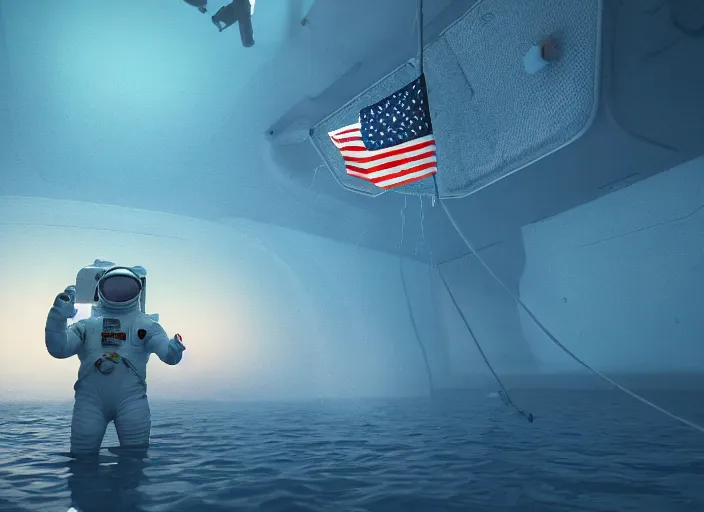 Prompt: astronaut underwater putting a flag on the bottom of the ocean. in the background, a submarine is visible. digital art, blender, photorealistic, octane render, 8 k, volumetric lighting, trending on artstation