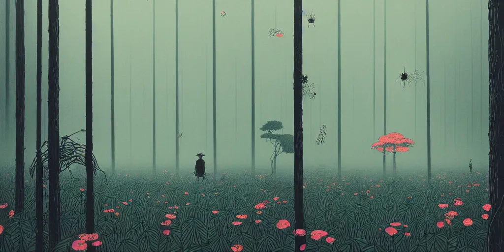 Prompt: grainy risograph matte painting, gigantic robot, a lot of exotic vegetation, trees, flowers, tall grass, black, pastel matte colors, staying in the foggy huge dark night forest covered with web and cotton and a lot of luminous tiny insects, by satoshi kon, hyperrealism, intricate detailed