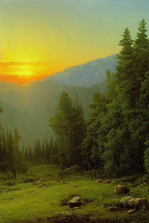 Prompt: the green mountains sunset painting by ivan shishkin