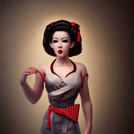 Image similar to pinup geisha, full body, goddess, cinematic lighting, beautiful face, horror, ultra detail, ultra realistic, photo realistic, octane render,