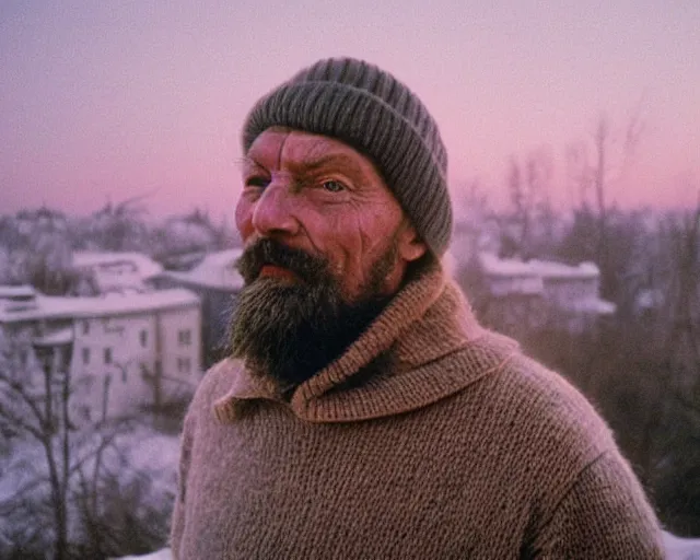 Image similar to lomographic tarkovsky film still of 4 0 years russian man with beard and sweater standing on small hrushevka 9 th floor balcony full with cigarette smoke in winter taiga looking at sunset, cinestill, bokeh