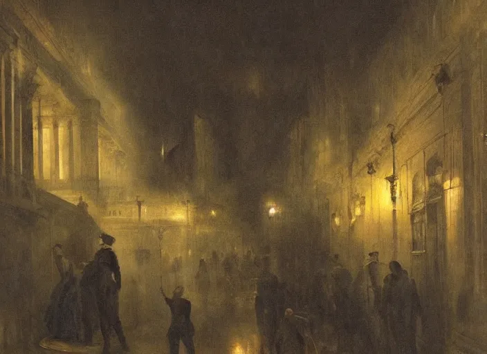 Prompt: 1 9 th century london, art by thomas lawrence, robert rubert and john martin, dark, night, gas lights, floor fog, coherent composition,