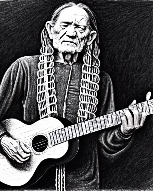 Image similar to a photorealistic portrait of willie nelson and his guitar, in the style of hieronymus bosch, pencil drawing, hyperrealist