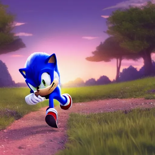 Image similar to sonic the hedgehog running through a field, matte painting, artstation, 4 k