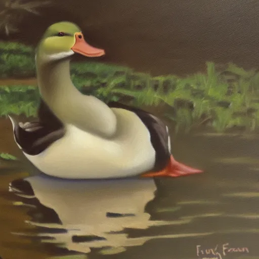 Prompt: a duck on the prowl oil painting frank mason