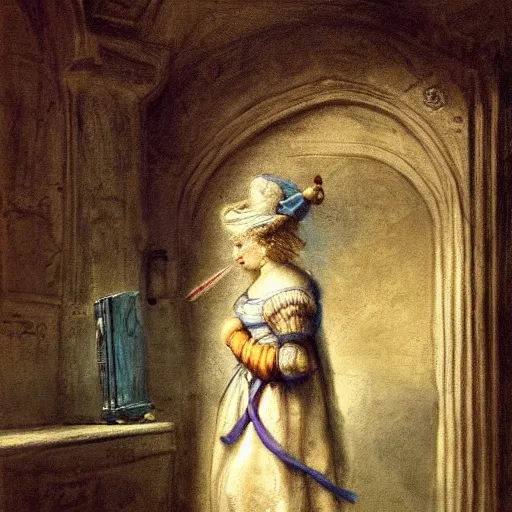 Prompt: a blue genie in a door way, classic art, trending on art station, masterful, detailed, complex, by rembrandt and leonardo da vinci