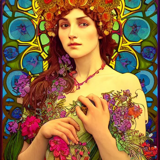 Image similar to a portrait painting of a singular beautiful female godess of spring, colorful flowers, holy geometry, tarot card style, by Mohrbacher and Moebius and Alphonse Mucha and Roger Deakins, cinematic lighting, masterpiece, golden ratio background, highly detailed, 8k resolution, trending on art station