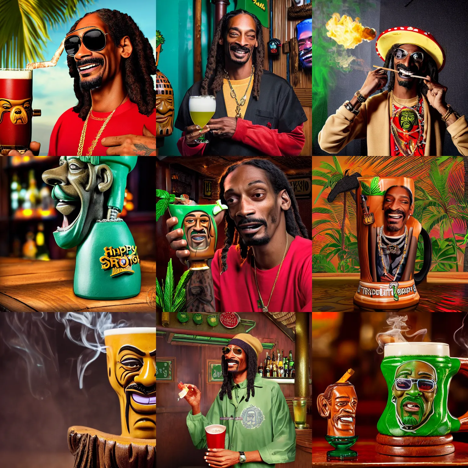 Image similar to a closeup photorealistic photograph of happy blunt smoking snoop dogg at trader vic's bar holding up a trader vic's style tiki mug featuring snoop dogg's face. tiki culture. lit scene. 4 k hd image that's trending on artstation, featured on behance, well rendered, extra crisp, features epic composition and the style of unreal engine.