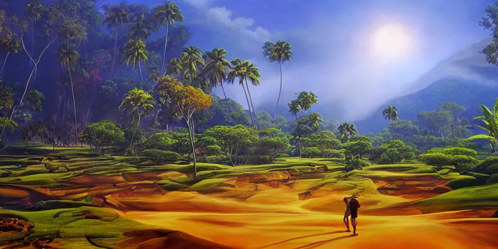 Image similar to sri lankan landscape, volumetric lighting and shadows, concept art, realistic oil painting by alex grey