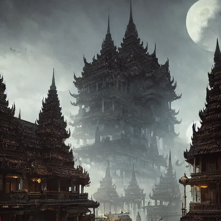 Image similar to noir skyline from steampunk cambodia, south east asian architecture, oriental, unreal engine, detailed, by greg rutkowski, by adolph menzel