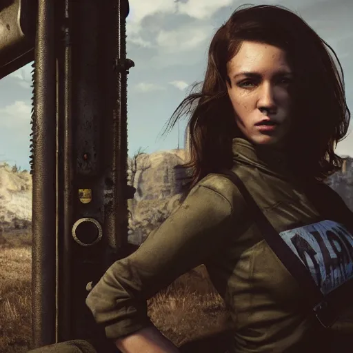 Image similar to fallout 5, charismatic beautiful rugged brunette female protagonist, portrait, outdoorsin front of vault 1 5 6, atmospheric lighting, painted, intricate, volumetric lighting, beautiful, daytime, sunny weather, slight overcast, sharp focus, deep colours, ultra detailed, by leesha hannigan, ross tran, thierry doizon, kai carpenter, ignacio fernandez rios