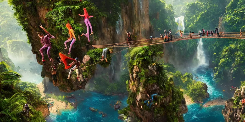 Image similar to wide angle view of colorful clothing fashion models crossing a suspended rope bridge over a deep canyon, mountainous jungle setting, trees, waterfall, river, rocks, dramatic lighting, highly detailed, artstation, unreal engine, matte painting in the style of craig mullins, Uncharted 4, fish eye lens, 8k HDR