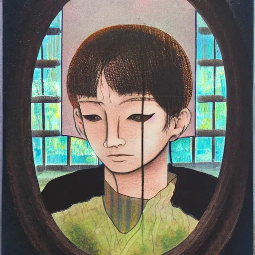 Prompt: a portrait painting on glass of a character in a scenic environment, texture by nobuhiko obayashi