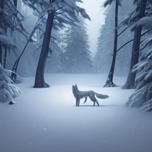 Image similar to a wholesome animation key shot of a white wolf in a snowy forest, medium shot, studio ghibli, pixar and disney animation, sharp, rendered in unreal engine 5, anime key art by greg rutkowski, bloom, dramatic lighting