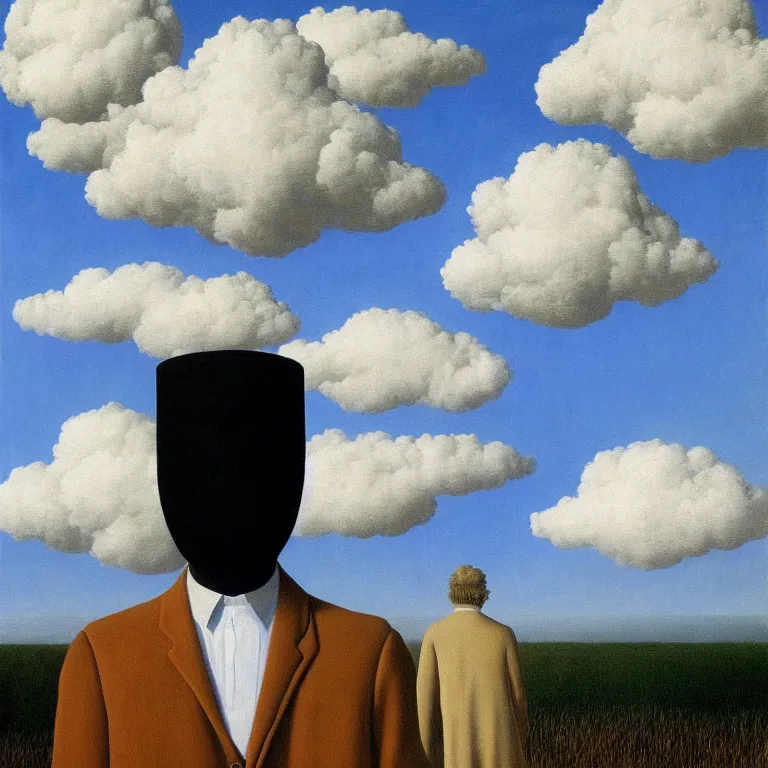 Image similar to cloud - man, by rene magritte, centered, detailed painting, hd, hq, high resolution, high detail, 4 k, 8 k