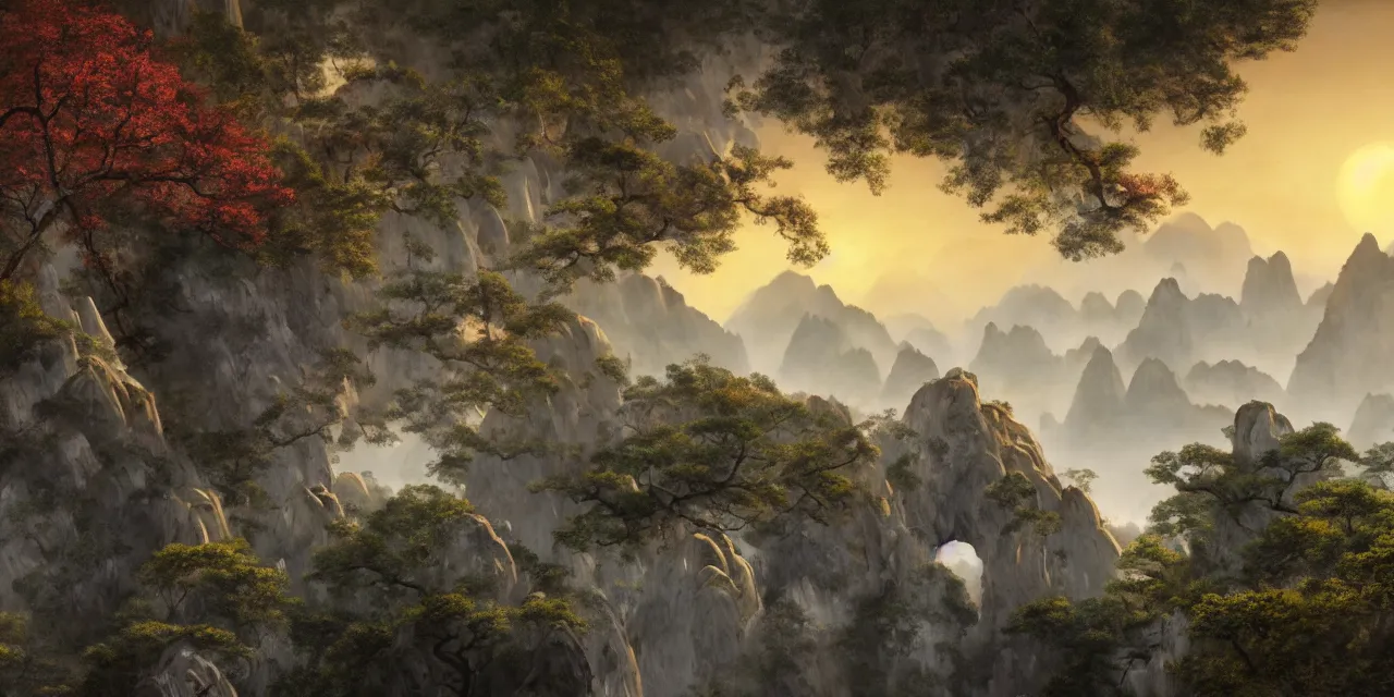 Image similar to huangshan with levitating stones in zero gravity, no trees, karst pillars forest, taoist temples and monks, human presence, artwork by ansel adams, odd nerdrum, hokusai, artstation, scifi, hd, wide angle, viewed from within a stone grotto, autumnal, sunset volumetric lighting