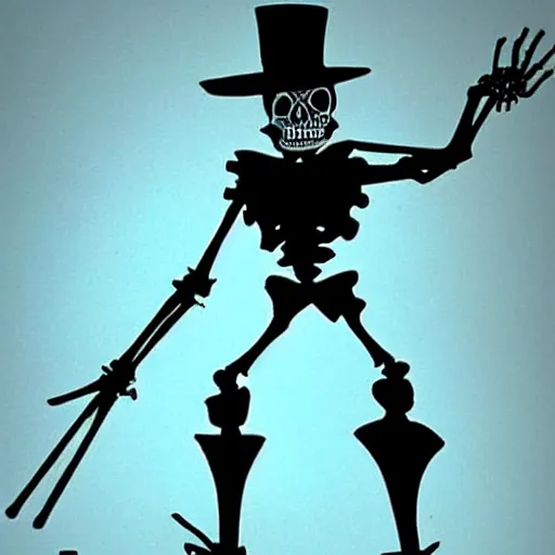 Image similar to DND character, skeleton, Tall skeletal figure, wearing a deep black suit and tie and top hat. golden cane in his right. Light blue flames envelop his whole body