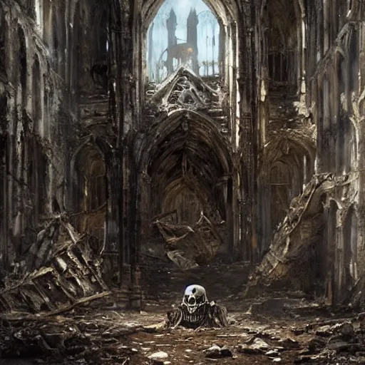 Prompt: Skeleton king wearing ragged clothes and a plate armour resting on a throne inside a ruined cathedral, oil painting, by Greg Rutkowski