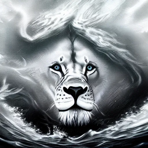 Image similar to a male lion's face breaching through a wave, stormy weather, ocean sprites, closeup of face, trending on artstation, dark lighting