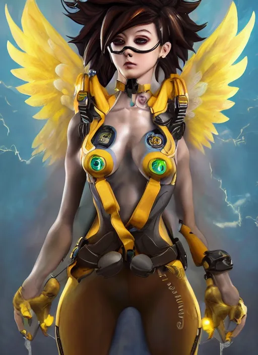 Image similar to full body oil painting of tracer overwatch in the style of mark brooks, angel wings, dramatic painting, symmetrical composition, silky garment, high detail, gold detailed choker, angelic, lights, flowers, heavenly, bright, detailed face,