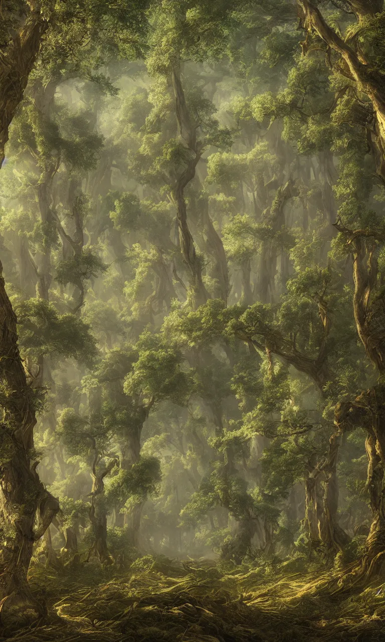 Prompt: A detailed matte painting of a huge forest in Spring in the 15th Century, art by Wylie Beckert and Eric Fortune, highly detailed award-winning masterpiece with incredible and beautiful details, trending on ArtStation
