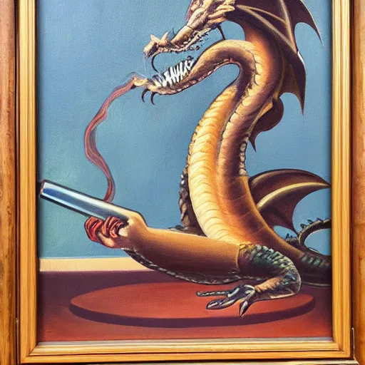Prompt: art deco oil painting of a dragon smoking a cigar, intricate furniture