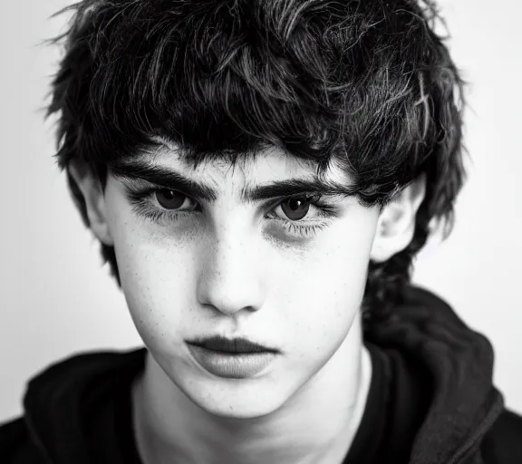 Image similar to an 8 5 mm professional portrait of nico di angelo, a 1 5 - year - old thin italian boy with pale olive skin, black sullen eyes, emo, sleep deprived, son of hades, shaggy black hair, a reluctant smile, detailed professional photography, night lighting, defiant, ghosts theme, volumetric lighting