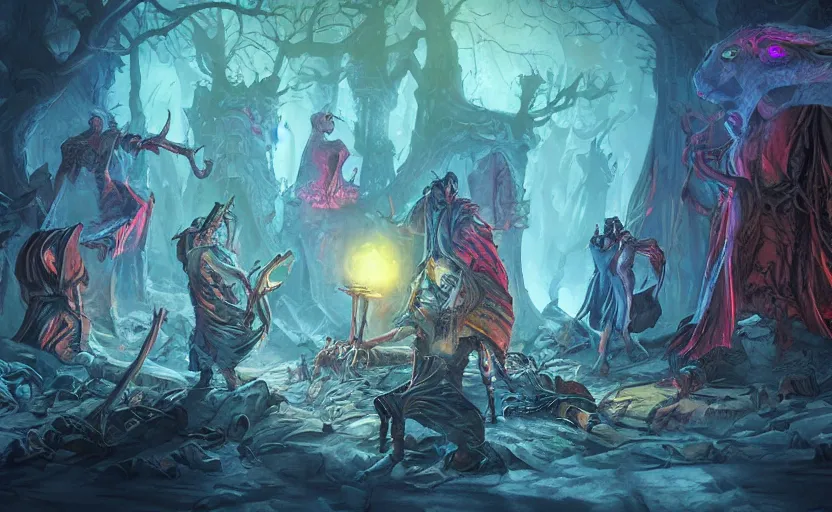 Prompt: The night of the 5 murderous sorcerers. Fantasy and concept art, colorful digital painting , horror scene, highly detailded