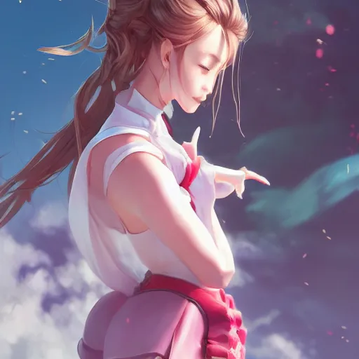 Image similar to head to toe shot of aerith gainsborough by WLOP, rossdraws, Logan Cure, Mingchen Shen, BangkuART, sakimichan, yan gisuka, JeonSeok Lee, zeronis, Chengwei Pan on artstation