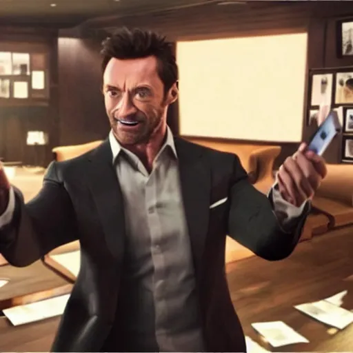 Prompt: action shot of hugh jackman at the club partying and taking selfies with a pile of cash in the background in GTA V or GTA VI, 8K, highly detailed, photo realistic