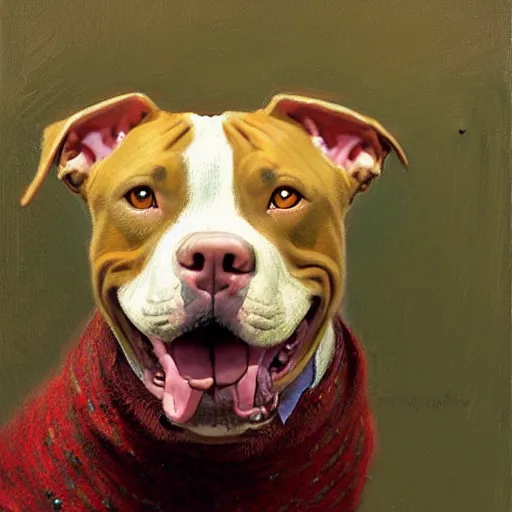 Prompt: a portrait of a female pit bull wearing a sweater and smiling at the viewer. highly detailed painting by gaston bussiere, craig mullins, j. c. leyendecker 8 k