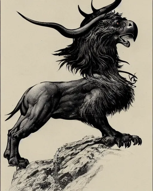 Image similar to a creature with the body and eyes of a man, beak of an eagle instead of a nose, the mane of a lion, two horns of an ox on the head. drawn by frank frazetta