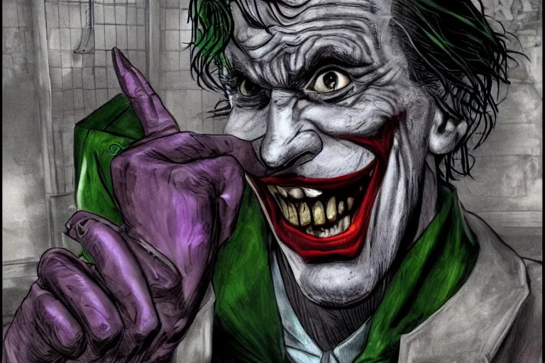 Image similar to a photo of the joker playing on a nintendo dsi in arkham asylum, photorealistic, dark cell background