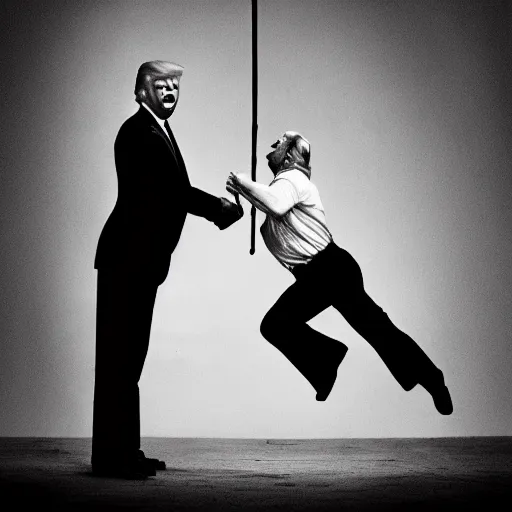 Prompt: donald trump as a circus strong man, black and white photo