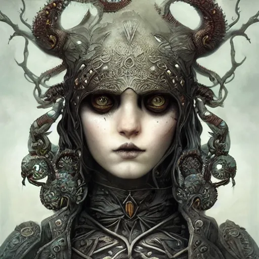 Prompt: curiosities soft paint portrait of a single beautiful warrior in full gothic armor, stunning photorealist eyes, symmetry accurate features, eyeballs, vegetation tentacles, dense volumetric fog, focus, very intricate ultrafine details, gloomy colors, award winning masterpiece, tom bagshaw artstyle