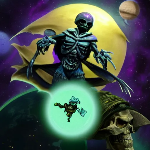 Prompt: skeletor and the dark crystal in space, 3 d, concept art