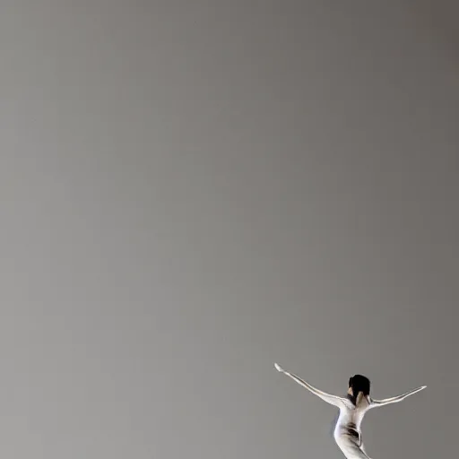 Prompt: a simple white human figure jumping, casting a soft shadow behind a light background, minimalistic art, beautiful, textured, baroque elements, trending on artstation, minimalism