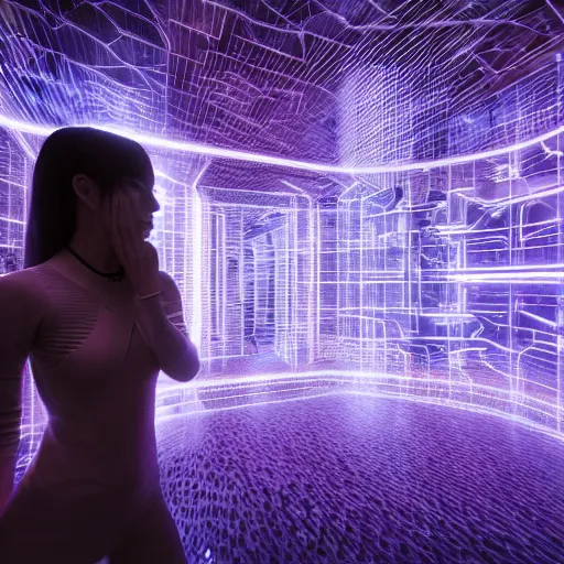 Image similar to chromatic cyborg female discovering her own consciousness in a mirror maze (Unreal Engine, 3D, Reflections, Glossy, Hyer-Realistic, Futuristic, Noise, Gradient)