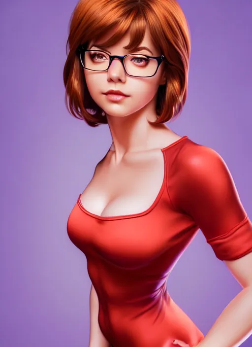 Prompt: photo of velma, professionally retouched, soft lighting, realistic, smooth face, full body shot, torso, dress, perfect eyes, sharp focus on eyes, 8 k, high definition, insanely detailed, intricate, elegant, art by artgerm and j scott campbell