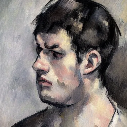 Prompt: A sad, melancholic, expressionless face that is trying to hold in anger, male face, tears, dark aesthetic, can\'t escape the sad expression, digital, realistic eyes, trending on artstation, art by Paul Cezanne