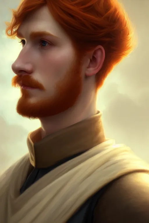 Image similar to a portrait of a ginger male prince, side profile, illustration, soft lighting, soft details, dark mood, painting oil on canvas by Edmund Blair Leighton and Charlie Bowater octane render trending on artstation d&d characters, 4k, 8k, HD