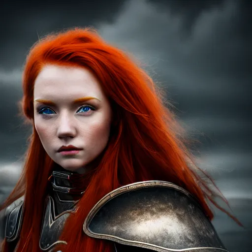 Image similar to north female warrior, red hair, ginger hair, fantasy, high detailed, photography, cloudy, lightweight armor, Scandinavia, plain, Authentic, detailed face, cute face, professional model, professional photographer, masterpiece, 8k, 3D