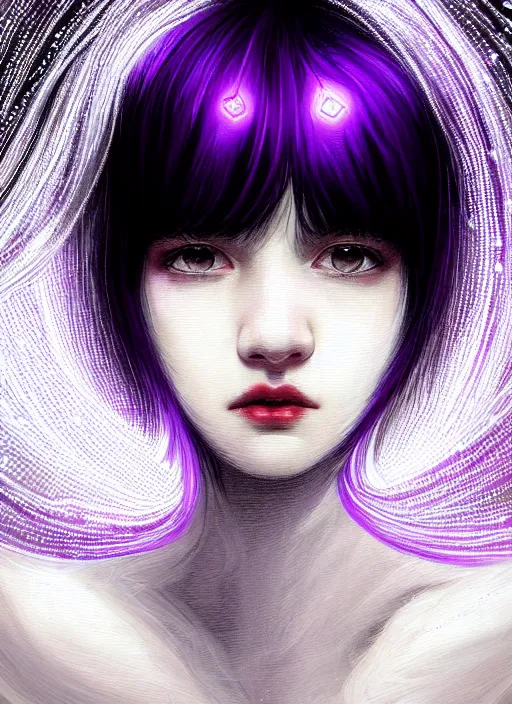 Image similar to portrait of teenage girl with white bangs, red irises, bangs, black and white hair, purple clothes, white bangs, two color hair, black hair and white bangs, intricate, elegant, glowing lights, highly detailed, digital painting, artstation, concept art, smooth, sharp focus, illustration, art by wlop, mars ravelo and greg rutkowski