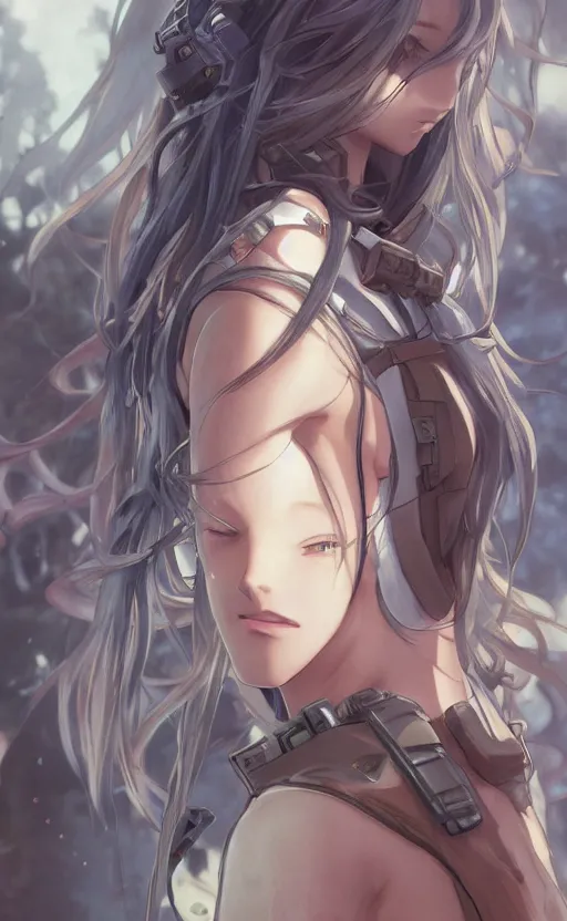 Prompt: girl with tank attachments, anime style, long hair, hair down, symmetrical facial features, from arknights, hyper realistic, pale skin, 4 k, rule of thirds, extreme detail, detailed drawing, trending artstation, hd, fantasy, d & d, realistic lighting, by alphonse mucha, greg rutkowski, sharp focus, backlit