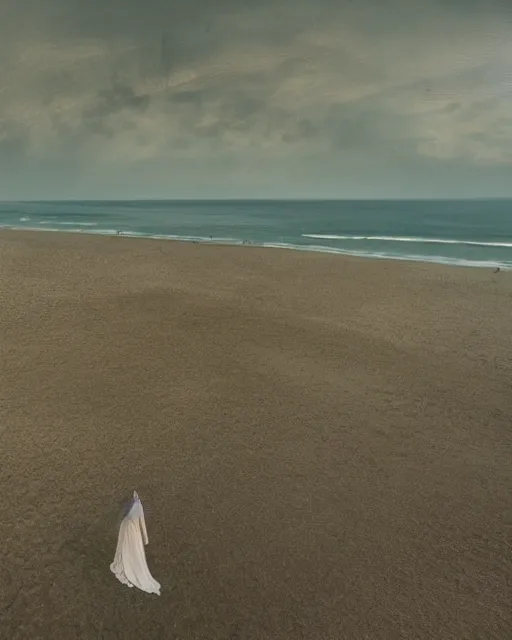 Image similar to a woman standing on a beach, made of intricate decorative lace leaf skeleton, shot from a drone, in the style of the dutch masters and gregory crewdson, dark and moody