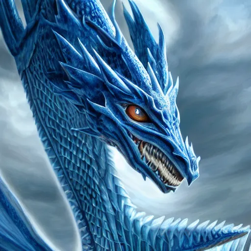 Image similar to a Blue eyed white dragon, epic background by Keith Thompson and Christopher Bretz, highly detailed, digital painting, HDRI, vivid colors, high contrast, 8k resolution, intricate, photorealistic, smooth