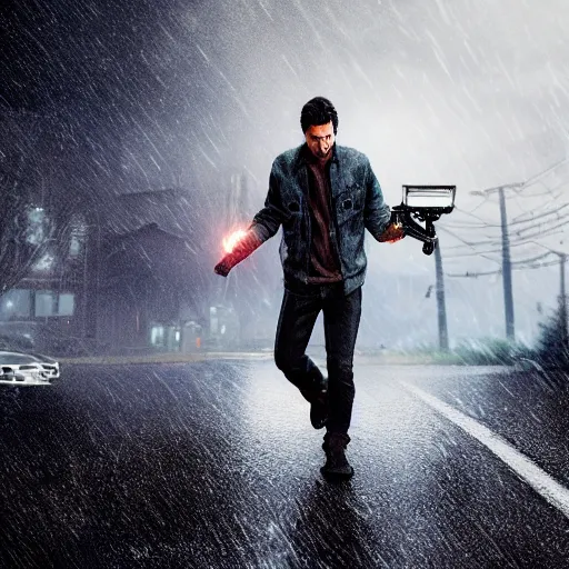 Prompt: Alan wake standing on a hoverboard with a shotgun while rain pours down from above, HDR, 8k, trending on artstation