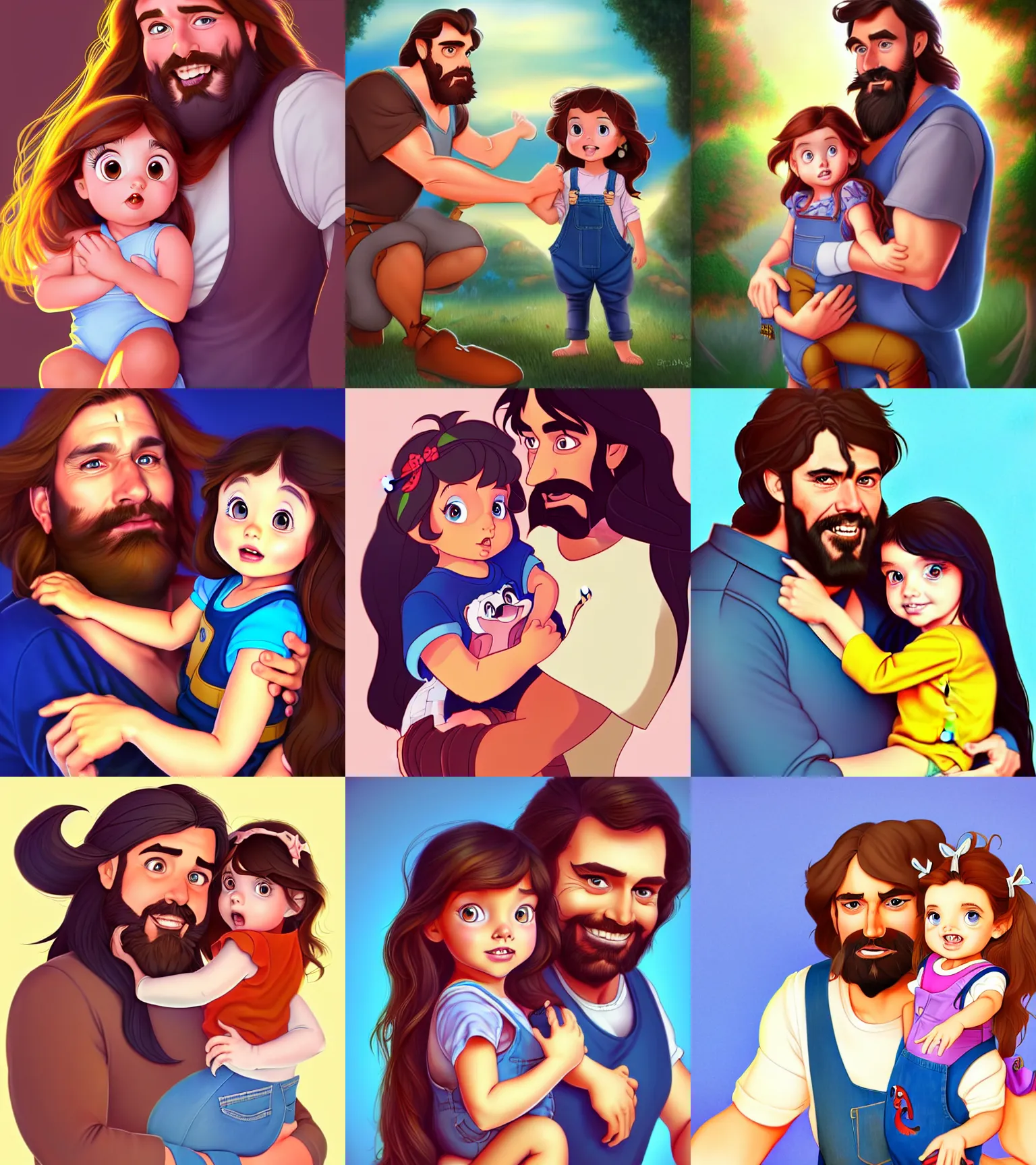 Prompt: a long - haired bearded father and his brunette child toddler girl wearing a overall full color digital illustration in the style of don bluth, artgerm, artstation trending, 4 k