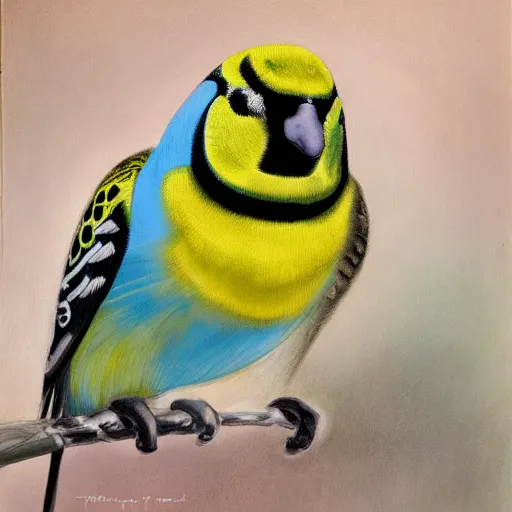 Image similar to a portrait of a budgie and bumblebee hybrid, hd