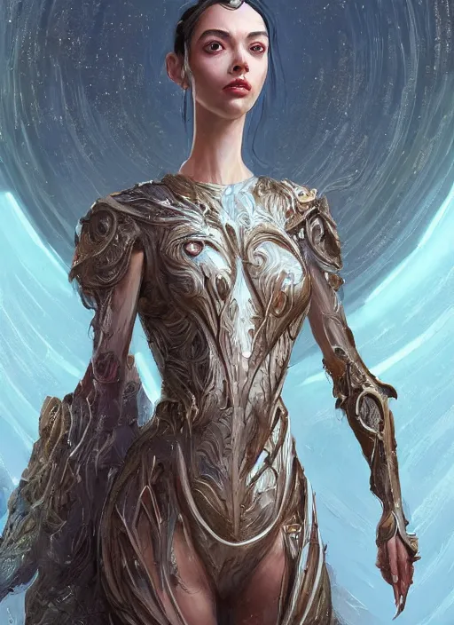 Image similar to a professional painting of a beautiful young female alien, clothed in ethereal armor, olive skin, long dark hair, beautiful bone structure, symmetrical facial features, intricate, elegant, digital painting, concept art, smooth, sharp focus, illustration, from Valerian and the City of a Thousand Planets, by Ruan Jia and Mandy Jurgens and Artgerm and William-Adolphe Bouguerea